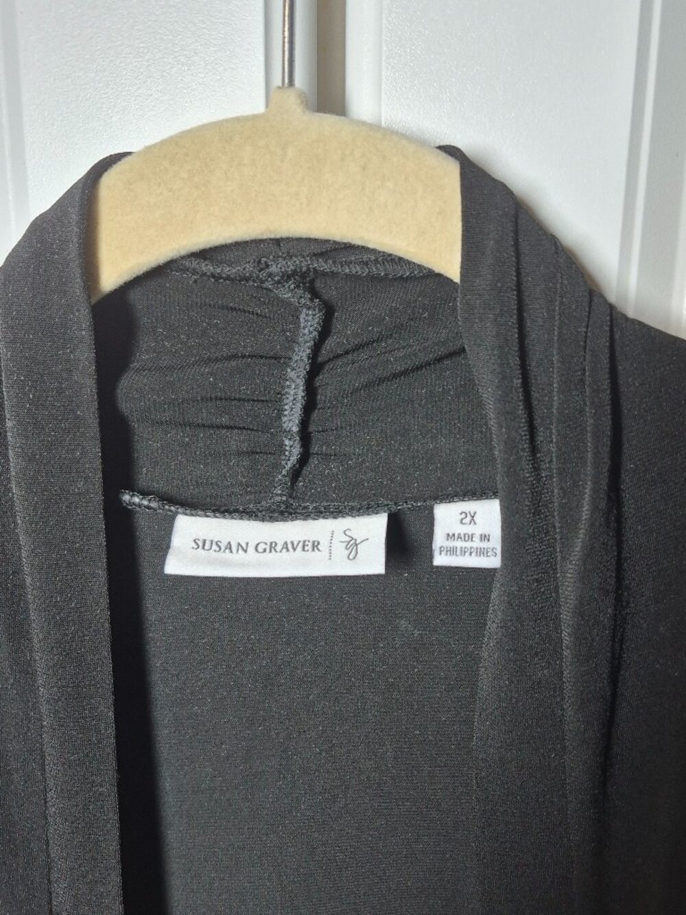 Susan Graver Liquid Knit Open Front Cardigan 3/4 length Ruched sleeves 2X Black - Picture 8 of 10
